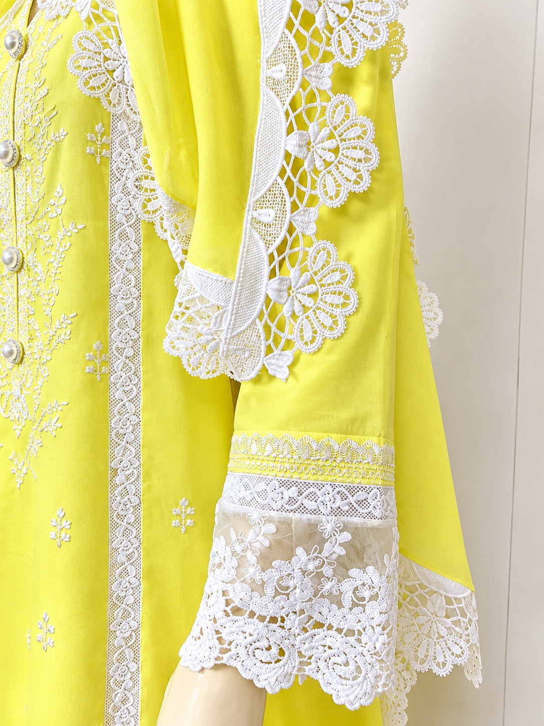 Yellow Shalwar Suit with delicate milky-white lace in cambric Cotton Fabric - Image 3