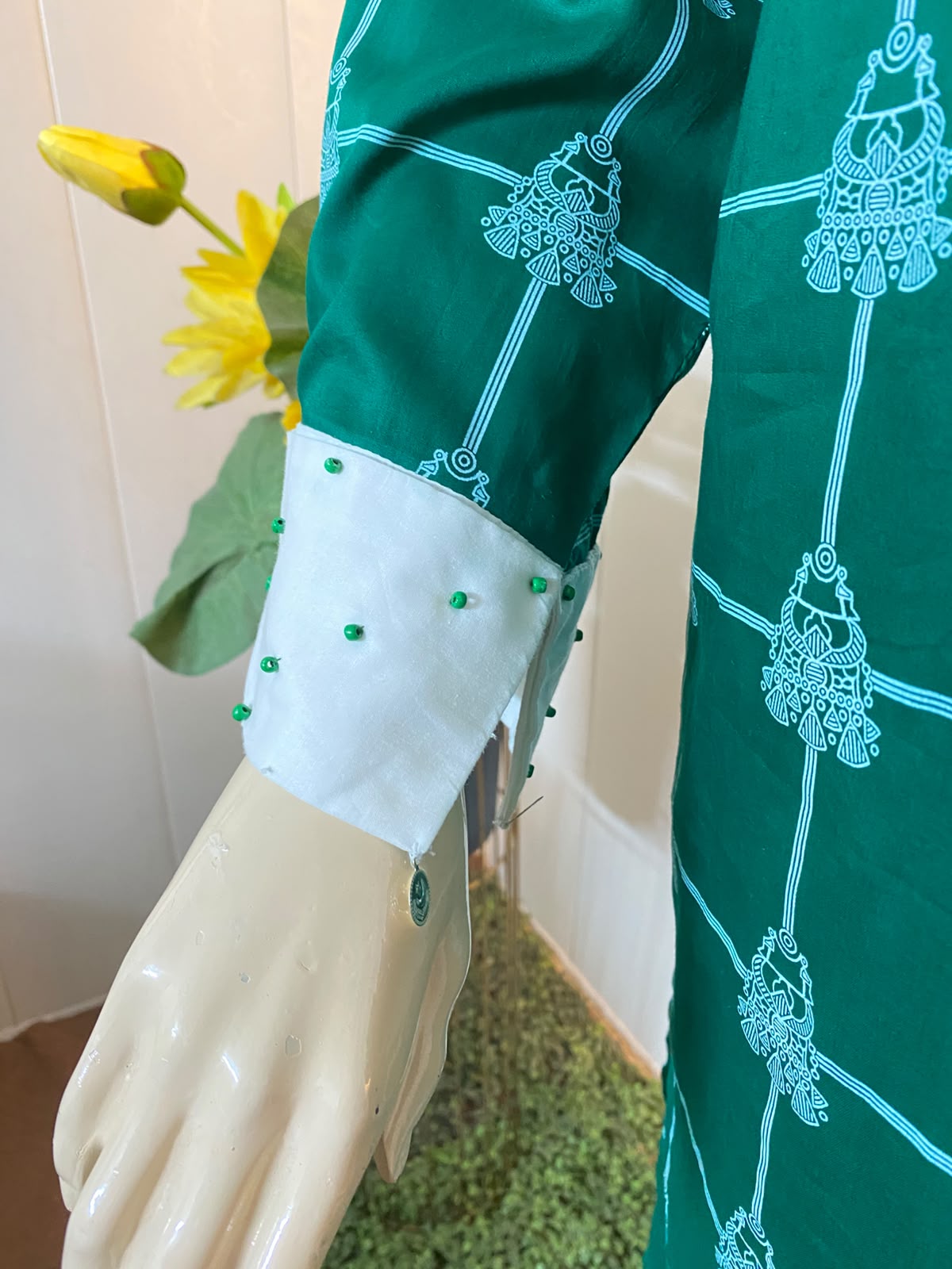 Green and white khaddar with hand embellishment - Image 5