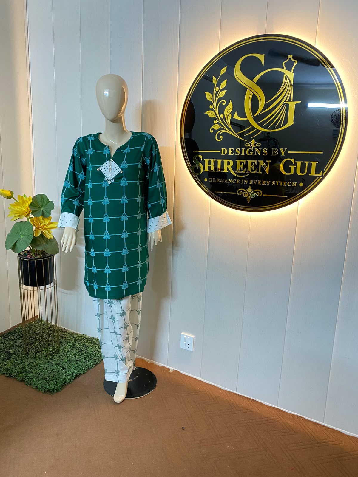 Green and white khaddar with hand embellishment