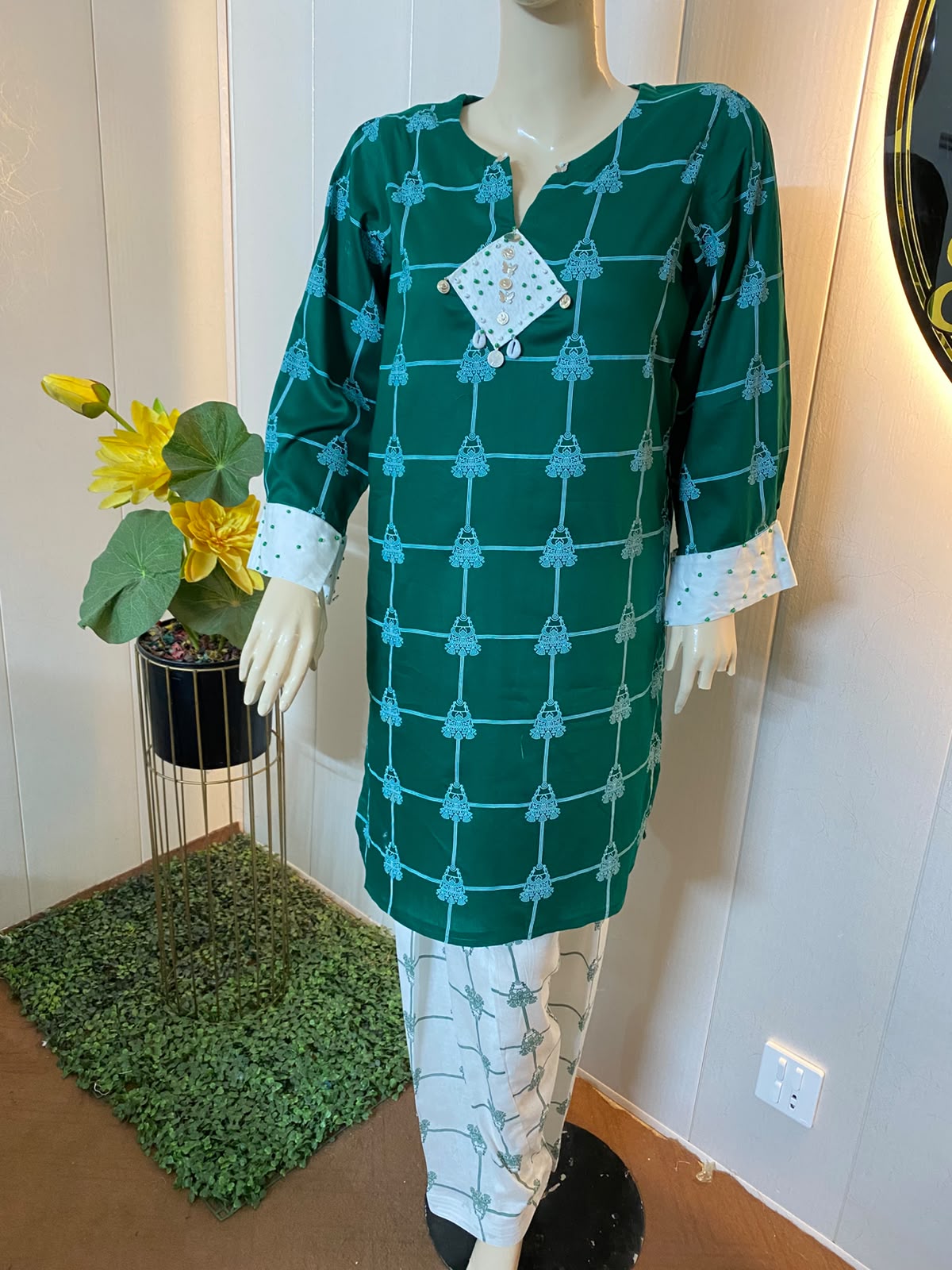 Green and white khaddar with hand embellishment - Image 6
