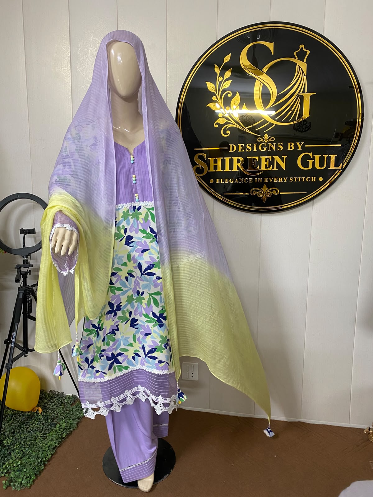 China Linen shirt and shalwar with Organza and milky lace details