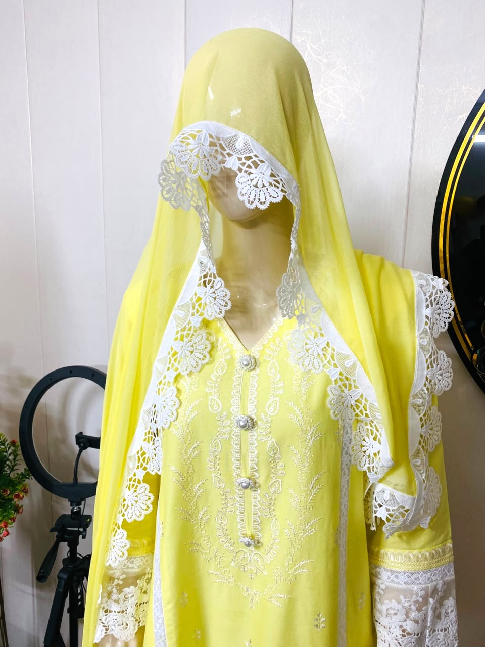 Yellow Shalwar Suit with delicate milky-white lace in cambric Cotton Fabric - Image 4