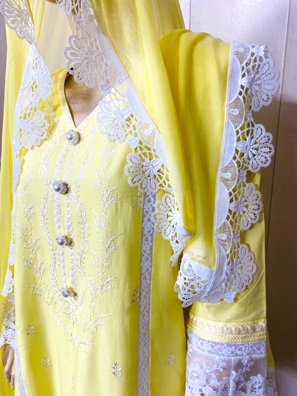 Yellow Shalwar Suit with delicate milky-white lace in cambric Cotton Fabric - Image 5