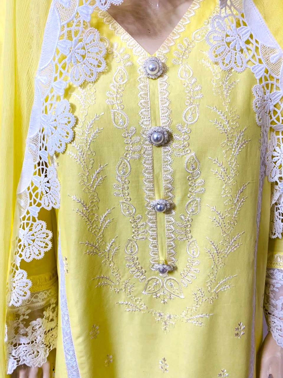 Yellow Shalwar Suit with delicate milky-white lace in cambric Cotton Fabric - Image 6