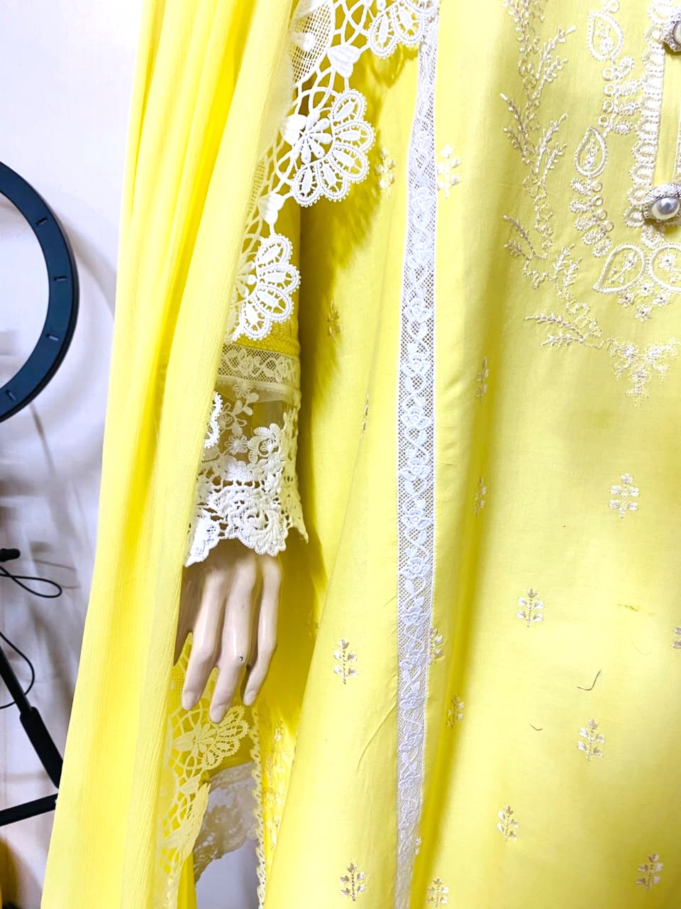 Yellow Shalwar Suit with delicate milky-white lace in cambric Cotton Fabric - Image 7